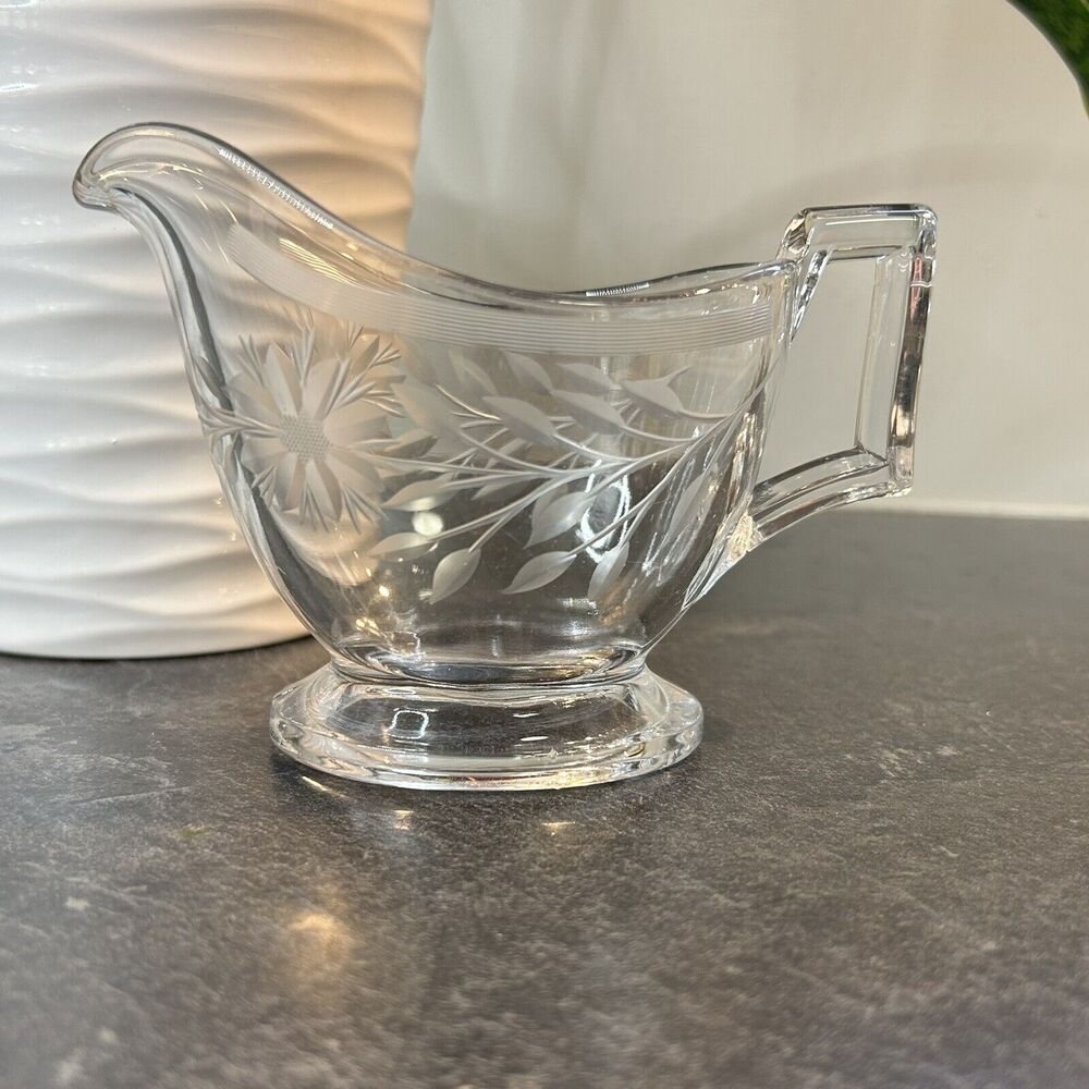 VINTAGE Heisey ART‎ DECO Gravy Sauce Boat Clear Glass Etched Floral Design - Picture 3 of 9